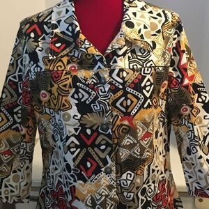 Kaktus Wearable Art woman's geometric tribal pattern lightweight button jacket L